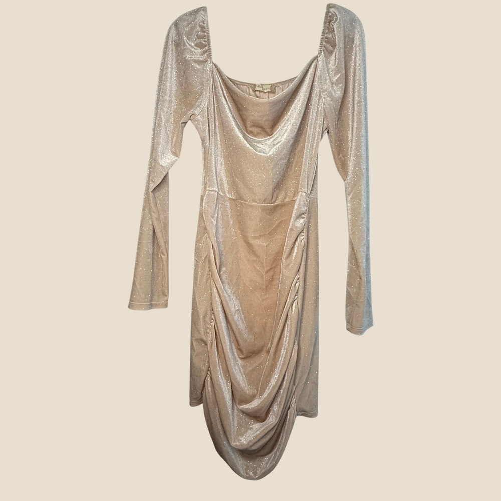 Altar'd State Dress M‎ Champagne Glitter Velvet Ruched Bodycon Mini Party